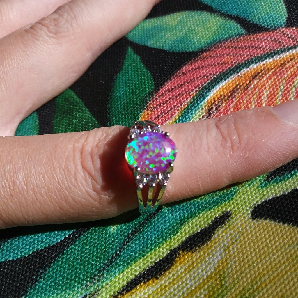 Pink Opal And White Sapphire Set In 14k White Gold